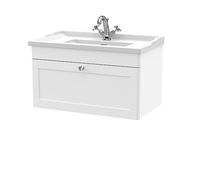 nuie CLC196F Classique Traditional Bathroom Wall Hung 1 Drawer Vanity Unit & 1 Tap Hole Ceramic Basin, 800mm, Satin White