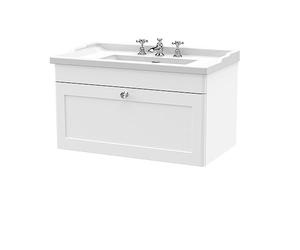 nuie CLC196G Classique Traditional Bathroom Wall Hung 1 Drawer Vanity Unit & 3 Tap Hole Ceramic Basin, 800mm, Satin White