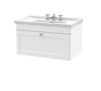 nuie CLC196G Classique Wall Hung 1 Drawer Vanity Unit & 3 Tap Hole Ceramic Basin, 800mm, Satin White