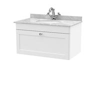 nuie CLC196GR1 Classique Wall Hung 1 Drawer Unit & 1 Tap Hole Marble Worktop with Round Basin, 800mm, Satin White/Grey