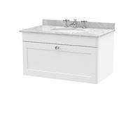 nuie CLC196GR3 Classique Wall Hung 1 Drawer Unit & 3 Tap Hole Marble Worktop with Round Basin, 800mm, Satin White/Grey