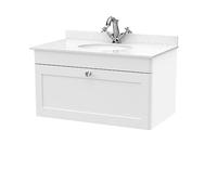 nuie CLC196WR1 Classique Wall Hung 1 Drawer Unit & 1 Tap Hole Marble Worktop with Round Basin, 800mm, Satin White
