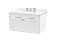 nuie CLC196WR3 Classique Wall Hung 1 Drawer Unit & 3 Tap Hole Marble Worktop with Round Basin, 800mm, Satin White