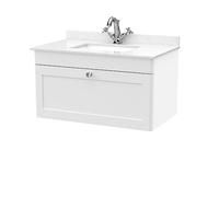 nuie CLC196WS1 Classique Wall Hung 1 Drawer Unit & 1 Tap Hole Marble Worktop with Square Basin, 800mm, Satin White
