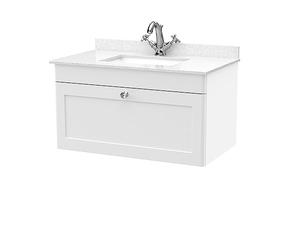nuie CLC196WS1 Classique Wall Hung 1 Drawer Unit & 1 Tap Hole Marble Worktop with Square Basin, 800mm, Satin White