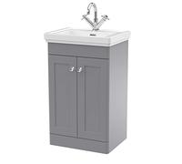 nuie CLC223A Classique Traditional Bathroom Floor Standing 2 Door Vanity Unit with 1 Tap Hole Fireclay Basin, 500mm, Satin Grey