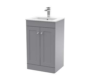 nuie CLC223C Classique Traditional Bathroom Floor Standing 2 Door Unit & Minimalist Ceramic Basin, 500mm, Satin Grey