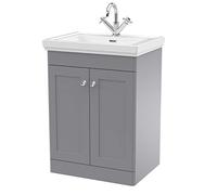 nuie CLC225A Classique Traditional Bathroom Floor Standing 2 Door Vanity Basin Unit with 1 Tap Hole Fireclay Basin, 600mm, Satin Grey