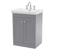 nuie CLC225B Classique Traditional Bathroom Floor Standing 2 Door Vanity Basin Unit with 3 Tap Hole Fireclay Basin, 600mm, Satin Grey