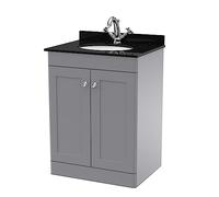 nuie CLC225BR1 Classique Traditional Bathroom Floor Standing 2 Door Unit & 1 Tap Hole Marble Worktop with Round Basin, 600mm, Satin Grey/Black