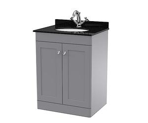 nuie CLC225BR1 Classique Traditional Bathroom Floor Standing 2 Door Unit & 1 Tap Hole Marble Worktop with Round Basin, 600mm, Satin Grey/Black