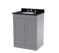 nuie CLC225BR3 Classique Floor Standing 2 Door Unit & 3 Tap Hole Marble Worktop with Round Basin, 600mm, Satin Grey/Black