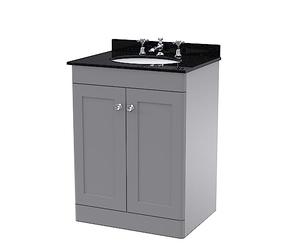 nuie CLC225BR3 Classique Floor Standing 2 Door Unit & 3 Tap Hole Marble Worktop with Round Basin, 600mm, Satin Grey/Black
