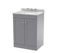 nuie CLC225GR3 Classique Floor Standing 2 Door Unit & 3 Tap Hole Marble Worktop with Round Basin, 600mm, Satin Grey