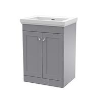 nuie CLC225H Classique Traditional Bathroom Floor Standing 2 Door Vanity Unit & 0 Tap Hole Fireclay Basin, 600mm, Satin Grey