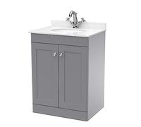 nuie CLC225WR1 Classique Traditional Bathroom Floor Standing 2 Door Unit & 1 Tap Hole Marble Worktop with Round Basin, 600mm, Satin Grey/White