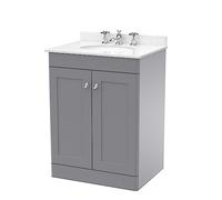 nuie CLC225WR3 Classique Traditional Bathroom Floor Standing 2 Door Unit & 3 Tap Hole Marble Worktop with Round Basin, 600mm, Satin Grey/White