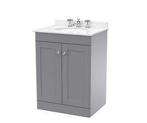nuie CLC225WR3 Classique Traditional Bathroom Floor Standing 2 Door Unit & 3 Tap Hole Marble Worktop with Round Basin, 600mm, Satin Grey/White