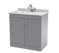 nuie CLC226GR1 Classique Floor Standing 2 Door Unit & 1 Tap Hole Marble Worktop with Round Basin, 800mm, Satin Grey