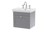 nuie CLC291B Classique Traditional Bathroom Wall Hung 1 Drawer Vanity Unit with 3 Tap Hole Fireclay Basin, 500mm, Satin Grey