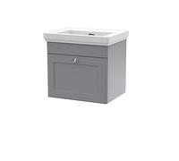 nuie CLC291H Classique Wall Hung 1 Drawer Vanity Unit & 0 Tap Hole Fireclay Basin, 500mm, Satin Grey