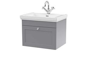 nuie CLC294A Classique Traditional Bathroom Wall Hung 1 Drawer Vanity Basin Unit with 1 Tap Hole Fireclay Basin, 600mm, Satin Grey