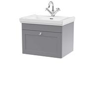 nuie CLC294A Classique Traditional Bathroom Wall Hung 1 Drawer Vanity Unit with 1 Tap Hole Fireclay Basin, 600mm, Satin Grey