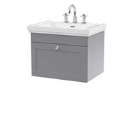 nuie CLC294B Classique Traditional Bathroom Wall Hung 1 Drawer Vanity Unit with 3 Tap Hole Fireclay Basin, 600mm, Satin Grey