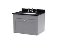 nuie CLC294BR3 Classique Wall Hung 1 Drawer Unit & 3 Tap Hole Marble Worktop with Round Basin, 600mm, Satin Grey/Black