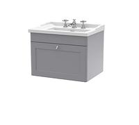nuie CLC294G Classique Traditional Bathroom Wall Hung 1 Drawer Vanity Unit & 3 Tap Hole Ceramic Basin, 600mm, Satin Grey