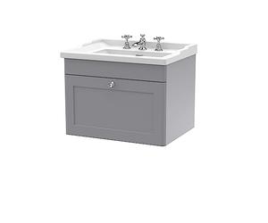 nuie CLC294G Classique Traditional Bathroom Wall Hung 1 Drawer Vanity Unit & 3 Tap Hole Ceramic Basin, 600mm, Satin Grey
