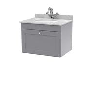 nuie CLC294GR1 Classique Wall Hung 1 Drawer Unit & 1 Tap Hole Marble Worktop with Round Basin, 600mm, Satin Grey