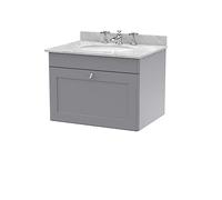 nuie CLC294GR3 Classique Wall Hung 1 Drawer Unit & 3 Tap Hole Marble Worktop with Round Basin, 600mm, Satin Grey