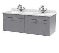 nuie CLC294WR2 Classique Wall Hung 2 Drawer Unit & 1 Tap Hole Double Marble Top with Round Basin, 1200mm, Satin Grey/White