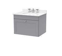 nuie CLC294WR3 Classique Wall Hung 1 Drawer Unit & 3 Tap Hole Marble Worktop with Round Basin, 600mm, Satin Grey/White