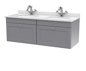 nuie CLC294WS2 Classique Wall Hung 2 Drawer Unit & 1 Tap Hole Marble Worktop with Square Basin, 1200mm, Satin Grey/White