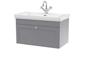 nuie CLC296A Classique Traditional Bathroom Wall Hung 1 Drawer Vanity Basin Unit with 1 Tap Hole Fireclay Basin, 800mm, Satin Grey