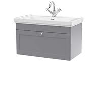 nuie CLC296A Classique Traditional Bathroom Wall Hung 1 Drawer Vanity Unit with 1 Tap Hole Fireclay Basin, 800mm, Satin Grey