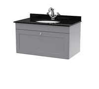 nuie CLC296BR1 Classique Traditional Bathroom Wall Hung 1 Drawer Unit & 1 Tap Hole Marble Worktop with Round Basin, 800mm, Satin Grey/Black