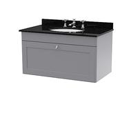 nuie CLC296BR3 Classique Wall Hung 1 Drawer Unit & 3 Tap Hole Marble Worktop with Round Basin, 800mm, Satin Grey/Black