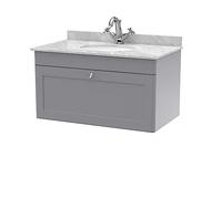 nuie CLC296GR1 Classique Wall Hung 1 Drawer Unit & 1 Tap Hole Marble Worktop with Round Basin, 800mm, Satin Grey
