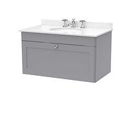 nuie CLC296WR3 Classique Wall Hung 1 Drawer Unit & 3 Tap Hole Marble Worktop with Round Basin, 800mm, Satin Grey/White