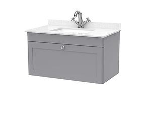 nuie CLC296WS1 Classique Traditional Bathroom Wall Hung 1 Drawer Unit & 1 Tap Hole Marble Worktop with Square Basin, 800mm, Satin Grey/White