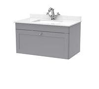 nuie CLC296WS1 Classique Wall Hung 1 Drawer Unit & 1 Tap Hole Marble Worktop with Square Basin, 800mm, Satin Grey/White
