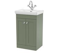 nuie CLC823A Classique Traditional Bathroom Floor Standing 2 Door Vanity Basin Unit with 1 Tap Hole Fireclay Basin, 500mm, Satin Green