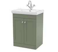 nuie CLC825A Classique Traditional Bathroom Floor Standing 2 Door Vanity Basin Unit with 1 Tap Hole Fireclay Basin, 600mm, Satin Green