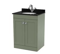nuie CLC825BR1 Classique Traditional Bathroom Floor Standing 2 Door Unit & 1 Tap Hole Marble Worktop with Round Basin, 600mm, Satin Green/Black