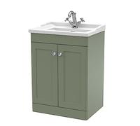 nuie CLC825F Classique Traditional Bathroom Floor Standing 2 Door Vanity Unit & 1 Tap Hole Ceramic Basin, 600mm, Satin Green