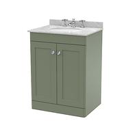 nuie CLC825GR3 Classique Floor Standing 2 Door Unit & 3 Tap Hole Marble Worktop with Round Basin, 600mm, Satin Green/Grey