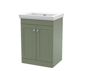 nuie CLC825H Classique Traditional Bathroom Floor Standing 2 Door Vanity Unit & 0 Tap Hole Fireclay Basin, 600mm, Satin Green